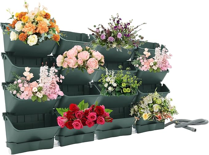 Vertical Wall Planter for Indoor Plant-Walls Mounted Pot with 4 Drainage Tray 16 Pack, 13 inch Dark Green for Decor, Plastic Pots Balcony Planters, Plants Hanging (16, Army Green)