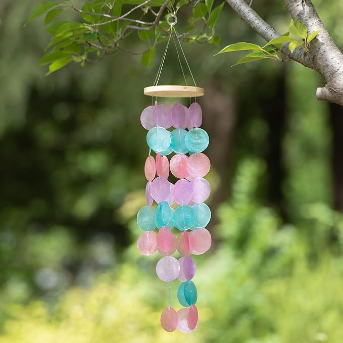 Wind Chimes for Outside - Handcrafted Purple Pink Capiz Shells Windchime Coastal Style Decor for Indoor/Outdoors, Garden Decor, Great Gift for Women, Wind Chimes Lovers and More