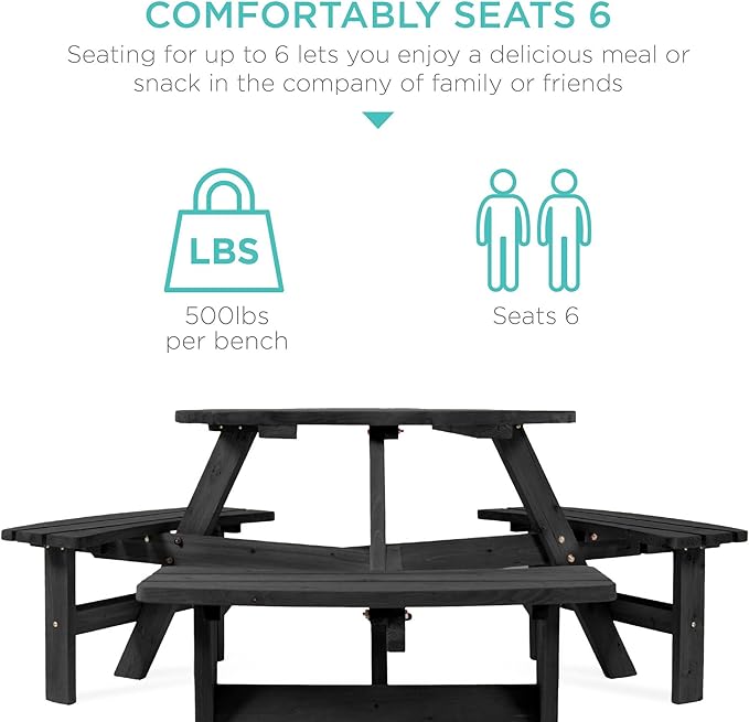 Best Choice Products 6-Person Circular Outdoor Wooden Picnic Table for Patio, Backyard, Garden, DIY w/ 3 Built-in Benches, 500lb Capacity - Black