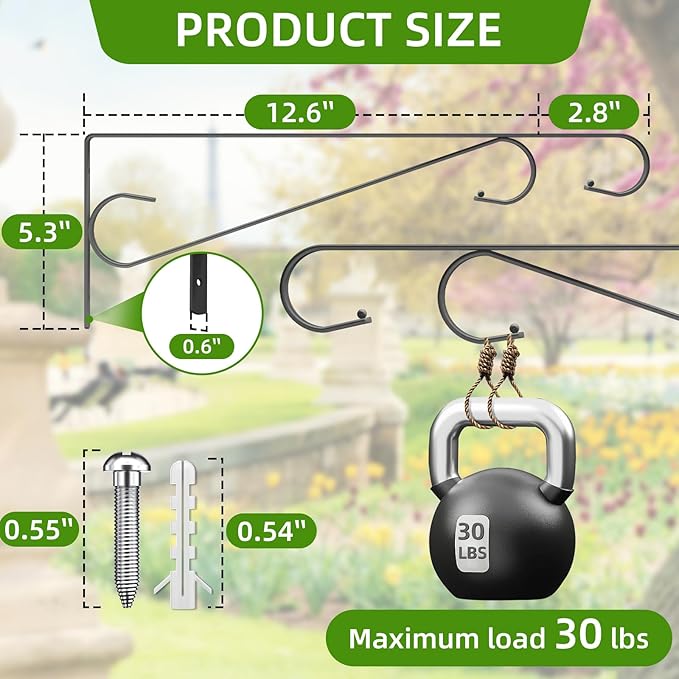 Plant Hangers Outdoor，2 Pack 15.4 Inch Plant Wall Hanger,Heavy Duty Plant Hooks for Wall,Hanging Plant Bracket for Bird Feeders, Planters, Lanterns, Wind Chimes,Black