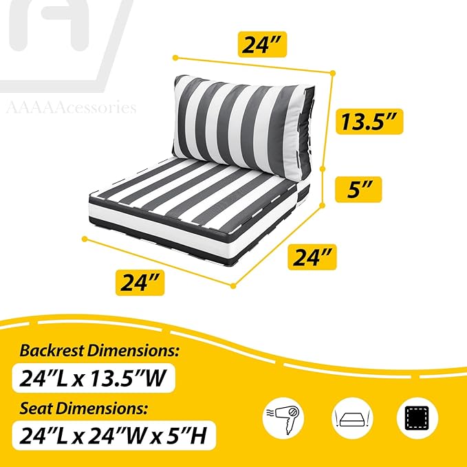 AAAAAcessories Outdoor Deep Seat Cushions, Waterproof, Fade-Resistant Patio Furniture Replacement Cushions, 24" x 24" x 5" + 24" x 13.5", Set of 4, Gray Cabana Stripe
