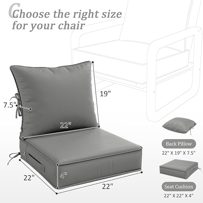 Outdoor Patio Chair Cushions Set 22 L X 22 W X 4 H Waterproof & Fade Resistant Deep Seat and Back Cushions with Removable Covers Outdoor Seat Cushion Set for Chairs and Sofas