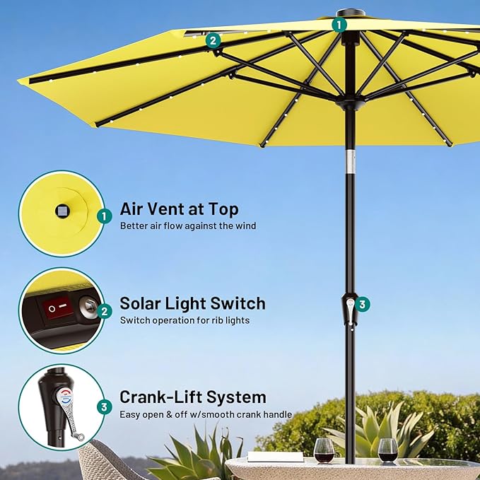 AreShark 9FT Patio Umbrella with Solar Lights, 32 LED Lighted Pool Umbrella w/Tilt and Crank, Outdoor Market Solar Umbrellas for Garden, Deck, Backyard, Pool and Beach, Yellow