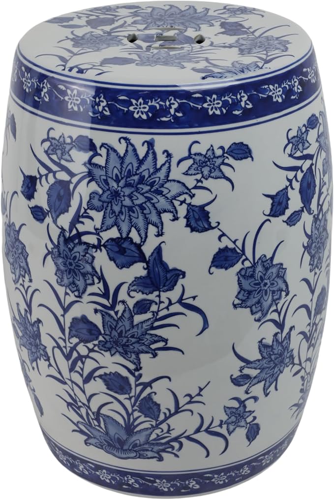 Decorative Chinoiserie Stool for Outdoor Side Table - Ceramic Floral Pattern for Indoor Garden, Entryway, and Patio Area - Home Decor Accent Stool for Plant Stand Display - 18", Blue & White