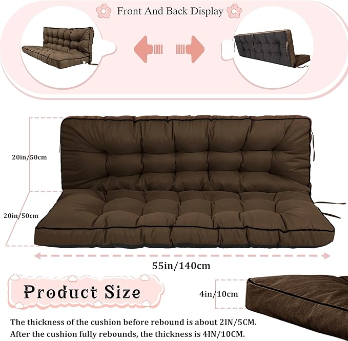 2-3 Seat Swing Replacement Cushion, Outdoor Bench Cushions with Backrest Thicken 4", Patio Furniture Garden Porch Loveseat Glider Pad Anti-Fading Waterproof (Brown, 40x55in)