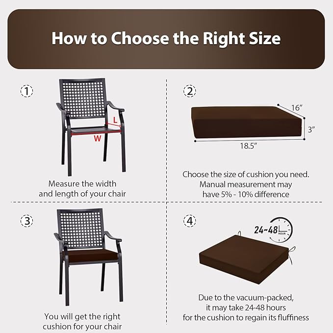 Outdoor Chair Cushions Set of 4, 18.5 x 16 Inch Patio Chair Cushions for Outdoor Furniture, Water Resistant, Non-Slip Ties(Dark Brown)