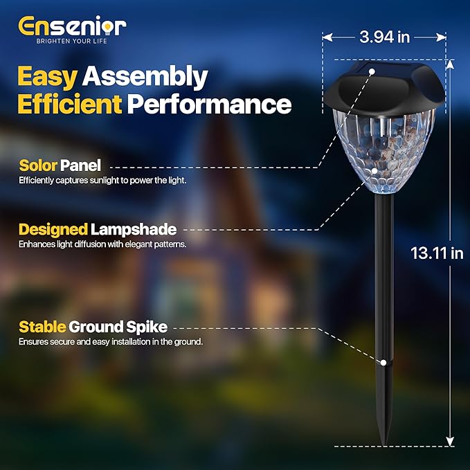 Ensenior 8-Pack Solar Lights Outdoor, Auto ON/Off 6500K LED Solar Garden Lights for Pathway, Yard, Patio, Walkway, Planter, Waterproof, Energy-Efficient Landscape Lighting