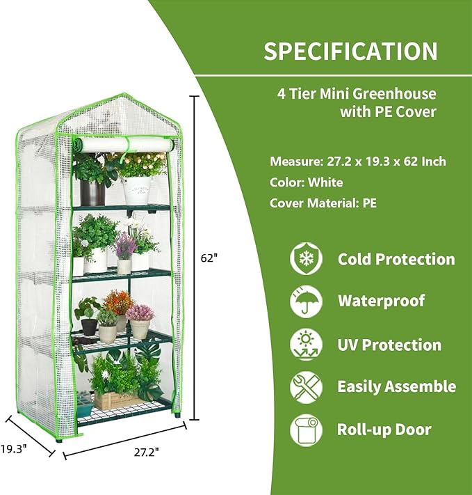 Mini Greenhouse for Indoor Outdoor, Small Plants Green House with 4 Tier Shelves, Portable Plastic Greenhouses with Durable PE Cover for Garden Backyard Patio Balcony Porch (White)