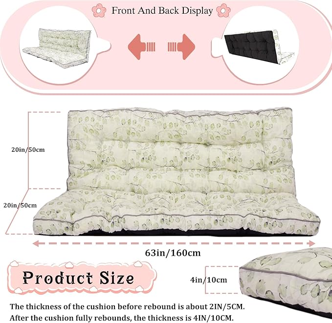 2-3 Seat Swing Replacement Cushion, Outdoor Bench Cushions with Backrest Thicken 4", Patio Furniture Garden Porch Loveseat Glider Pad Anti-Fading Waterproof (White Leaf, 40x63in-thicken)