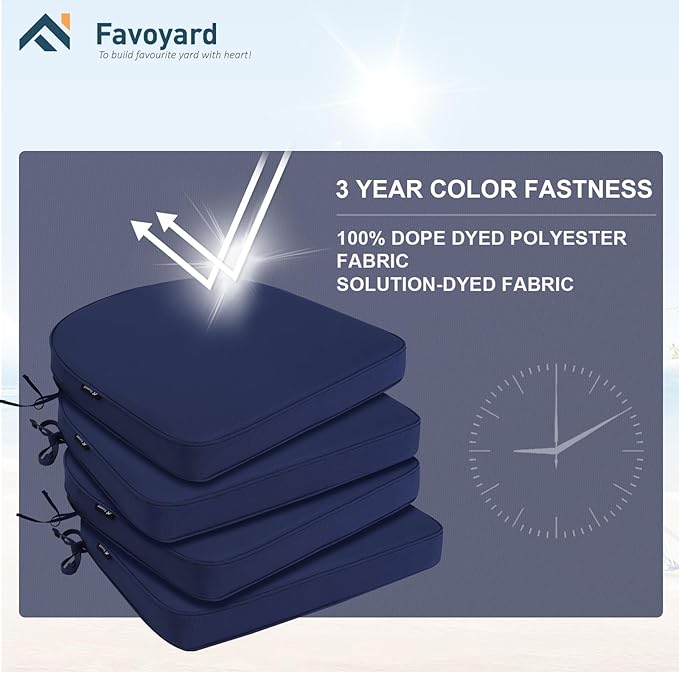 Favoyard Outdoor Chair Cushions 17"x16"x2" Set of 4 Waterproof Seat Cushion for Patio Furniture with 3-Year Fade Resistant Removable Cover Attach Straps Hidden Zipper Round Corner for Yard Garden