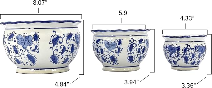 Galt International Blue & White Floral Porcelain Ceramic Decorative Flower Pot 8"/6"/4.5" Garden Pots Chinese Asian Design - Set of 3 Round Pots