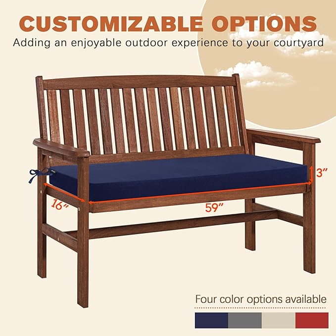 Favoyard Outdoor Bench Cushion 59 x 16 Inch Rainproof Patio Furniture Cushions 3-Year Color Fastness Garden Settee Porch Pads with Ties, Blue