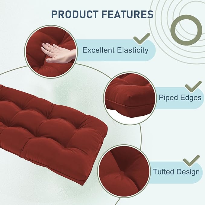 downluxe Outdoor Bench Cushion for Patio Furniture, Water Resistant Tufted Overstuffed Porch Swing Cushions, Thick Outdoor Loveseat Cushions, 48" X 18" X 5", Brick Red, Set of 1