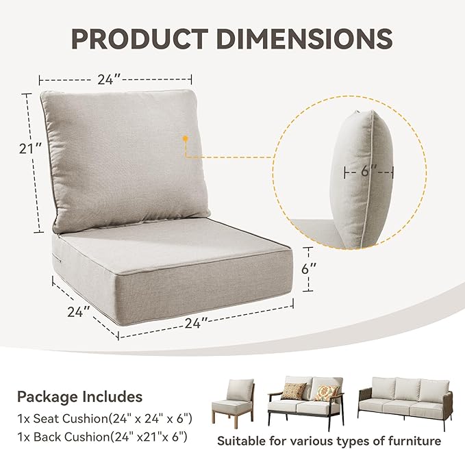 6" Thick Outdoor Chair Cushions - 24"* 24" Patio Furniture Cushions with Water Resistant & Removable Cover, 28D High Density Sponge Patio Cushion for Outdoor Furniture Couch Chair Beige