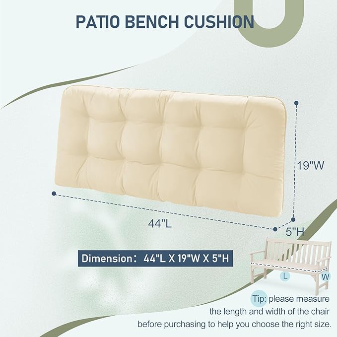 downluxe Outdoor Bench Cushion for Patio Furniture, Waterproof Tufted Overstuffed Porch Swing Cushions, Thick Outdoor Loveseat Cushions, 44" X 19" X 5", Beige, Set of 1
