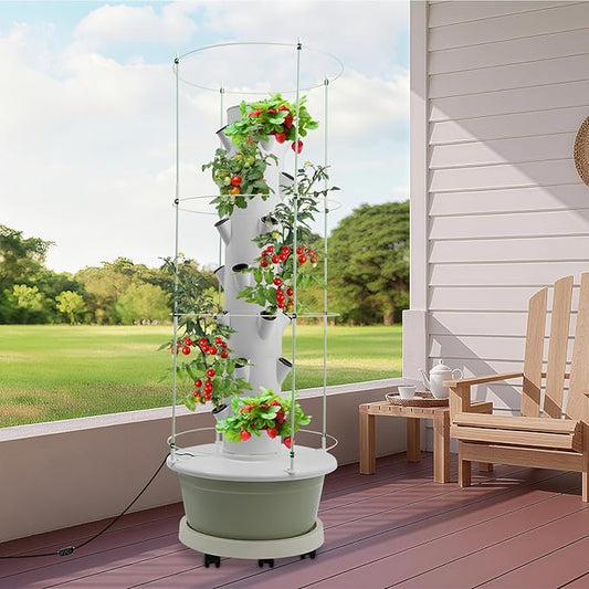 Hydroponic Growing Tower with Climbing Trellis, 30L Water Tank & Automatic Timer, Indoor Outdoor Vertical Garden System for Vegetables Herbs Strawberries (Light Green - 28 Holes)