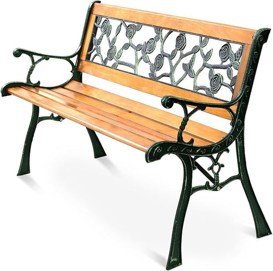 S AFSTAR Outdoor Garden Bench, Outdoor Porch Bench with Rose Cast Backrest & Stable Metal Legs, Weatherproof 2-3 Person Park Bench for Outside Patio Garden Backyard Poolside