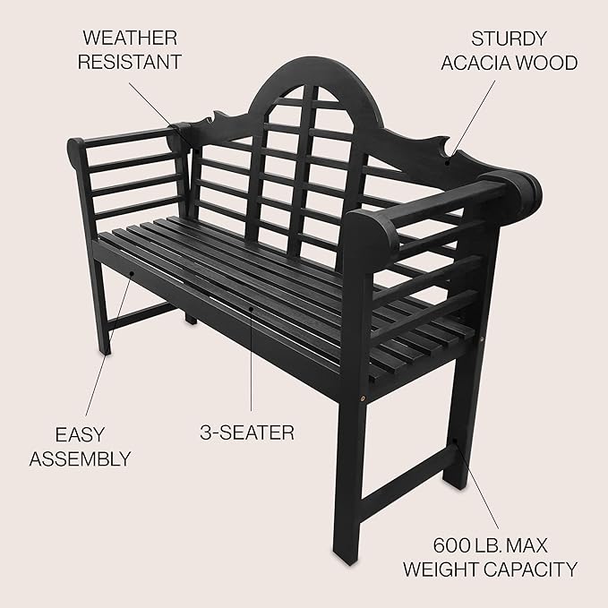 JONATHAN Y BNH103C Lutyens 51.2" 3-Seat Arched 600-Lbs Support Acacia Wood Outdoor Garden Patio Bench for Garden, Lawn, Backyard, Pool, Deck, Beach, Firepit, Black