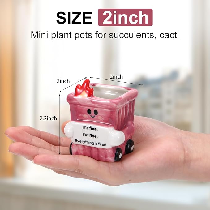 6 Pack 2.5 Inch Dumpster Fire Ceramic Succulent Planter Pots with Drainage Hole, Mini Cute Flower Pots Container for Home Office Garden Decoration Emotional Support Buddies Christmas Housewarming Gift
