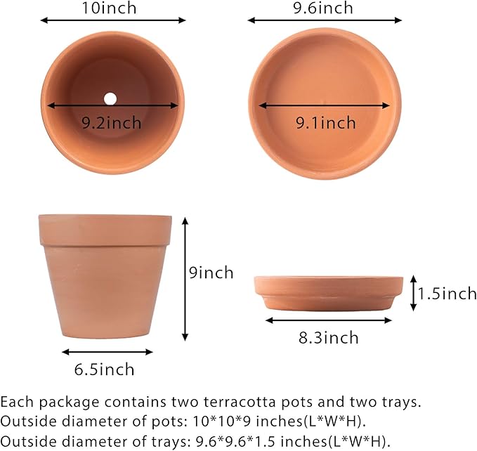 Yishang 10 Inch Terra Cotta Plant Pot - 2 Pack Large Round Flower Planters with Drainage Hole, Indoor Outdoor Use