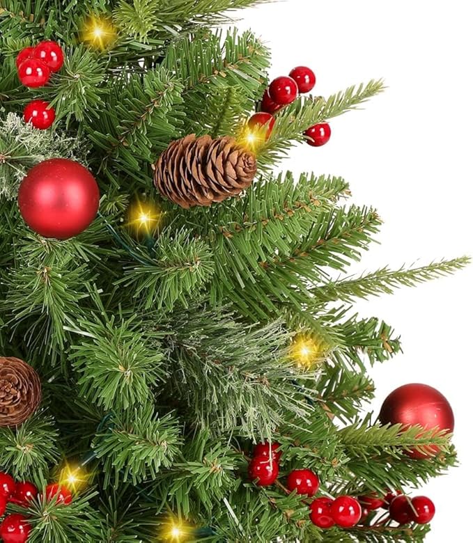 KING BIRD 2 Set 30 Inch Outdoor Christmas Tree, Pre-Lit LED Christmas Porch Decorations Outdoor Tree, 260 Branch Tips Lush, Pine Cones, Red Berries and Red Ball