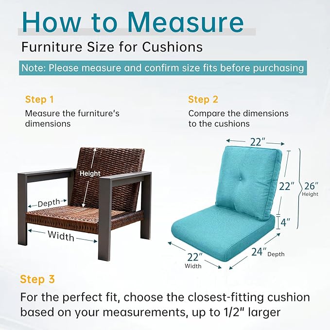 Belord Luxury 4" Thick Outdoor Cushion 3 Set - 22 x24 Inch 28D Sponge Filling Fade-Resistant Chair Cushion, Spill Proof Removable Patio Furniture Replacement Cushions for Sofa Bench Swing - Turquoise
