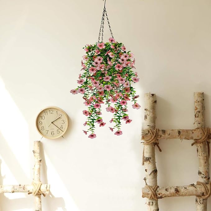 4 Pcs Fake Outdoor Artificial Flowers For Outdoors Uv Resistant, Plastic Flowers For Outdoors, Fake Hanging Plants Faux Flowers For Outdoor Planters, Silk Spring Flowers For Outside Porch（Pink）