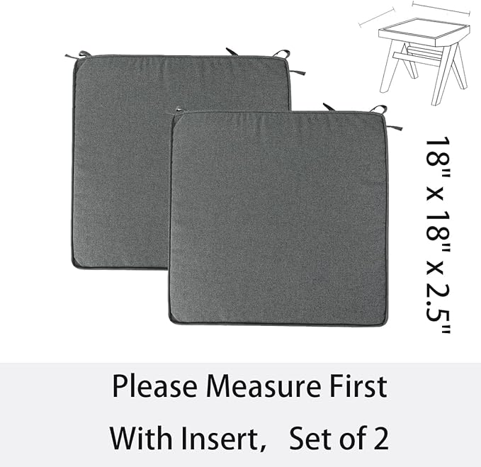 Outdoor Chair Cushions 18x18 Inch,Set of 2,Water Resistant Chair Pads with Ties,Square Seat Cushion 18"x18"x2.5",Patio Chair Cushion for Garden,Backyard Furniture(Dark Gray)