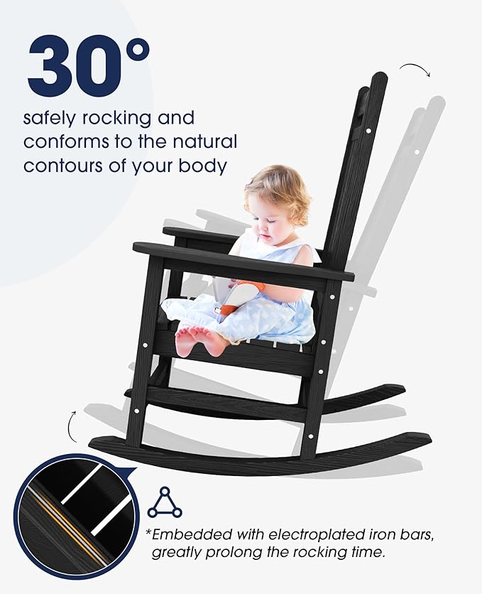 KINGYES Outdoor Rocking Chair, All-Weather Patio Rocking Chairs for Porch, HDPE Rocking Outdoor Chairs with High Back for Adult, Heavy Duty Outdoor Patio Rockers for Garden, Lawn, Black