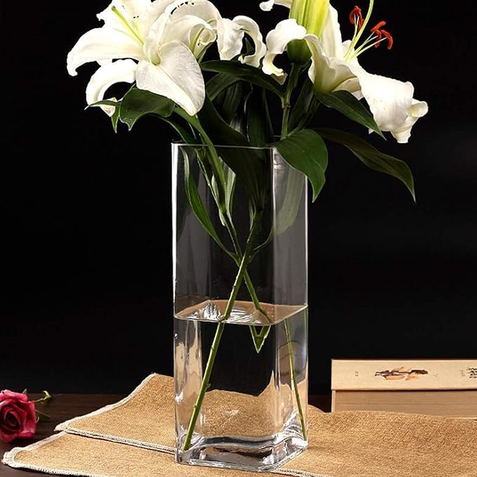 WGV Tall Square Vase Glass Block Bulk, Length 3", Height 8", Clear Bud Floral Container, Candle Holder, Planter Terrarium for Wedding Party Event, Home Office Decor, 12 Pieces