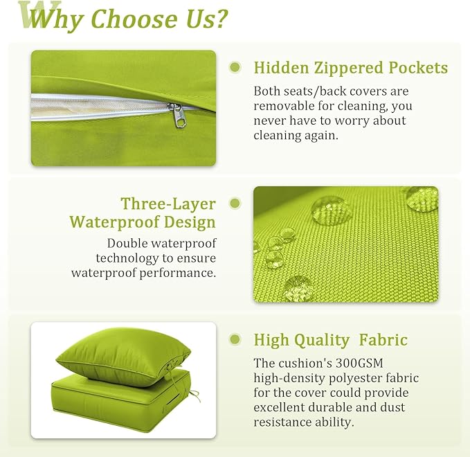 Outdoor Patio Chair Cushions Set 24 L X 24 W X 5 H Waterproof & Fade Resistant Deep Seat and Back Cushions with Removable Covers Outdoor Seat Cushion Set for Chairs and Sofas