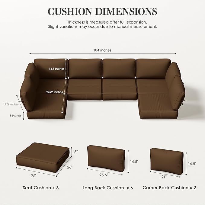 Outdoor Replacement Cushions for Patio Furniture, 5" Foam High-Density, 14-Piece Water-Resistant Outdoor Cushion for 6-Seat Sectional Patio Conversation Sets, Liner&Cover