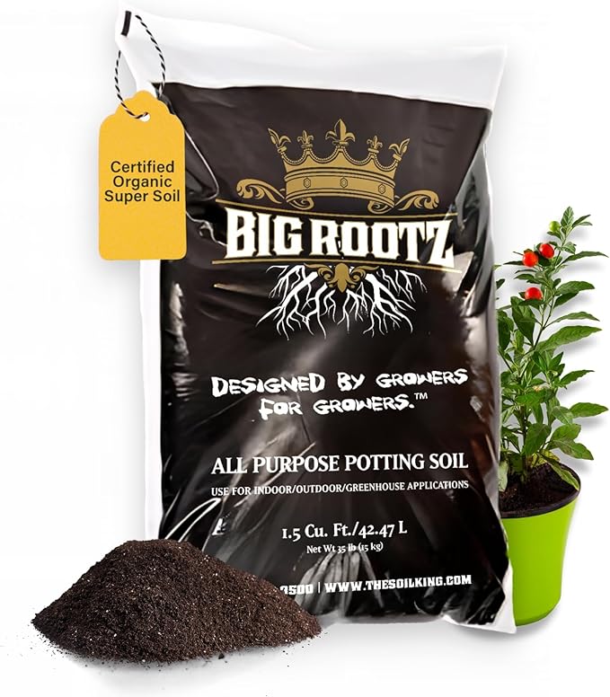 Soil King Big Rootz Organic Potting Soil Mix, CDFA & EnvirOganic Certified, pH Adjusted with Mycorrhizae, Balanced Fertilizers & Minerals for Long-Lasting Nutrition, Indoor & Outdoor Use, 40 lb