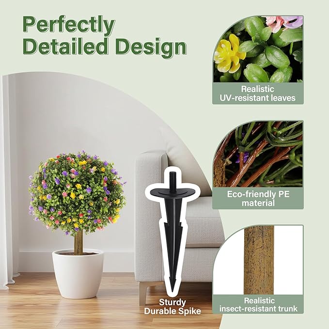 Set of 2 Artificial Colorful Blossoms Spherical Tree,UV-Resistant Faux Shrub,Outdoor Artificial Plants,Suitable for Gardens,Porches and Outdoor Planters