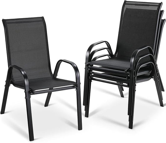 MAMIZO Patio Dining Chairs, Stackable All Weather Teslin Chair, Heavy Duty Outdoor Breathable Chairs Set, w/Armrests, Upgraded Chair FeetW/Strenthened Iron Spacers, 330 LBS (4, Black)