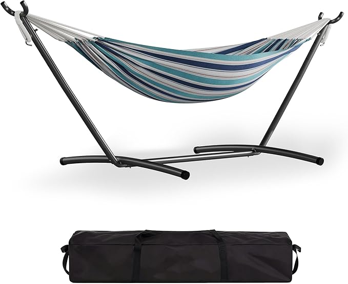 GarveeLife Double 2 Person Hammock, Indoor Outdoor Standing Hammock with Space Saving Steel Stand, Carry Bag, 450 LBS Weight Capacity, Suitable for Garden Camping Beach, Ocean