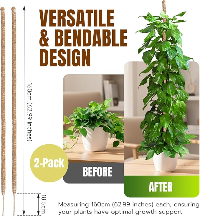 Mcbazel 2 Pack 63Inch Moss Pole for Plants Monstera, Plant Support Stick, Bendable Moss Poles Plant Support Stick for Climbing Plants, Stick Support Stake Kit for Potted Plants,Pothos,Philodendron