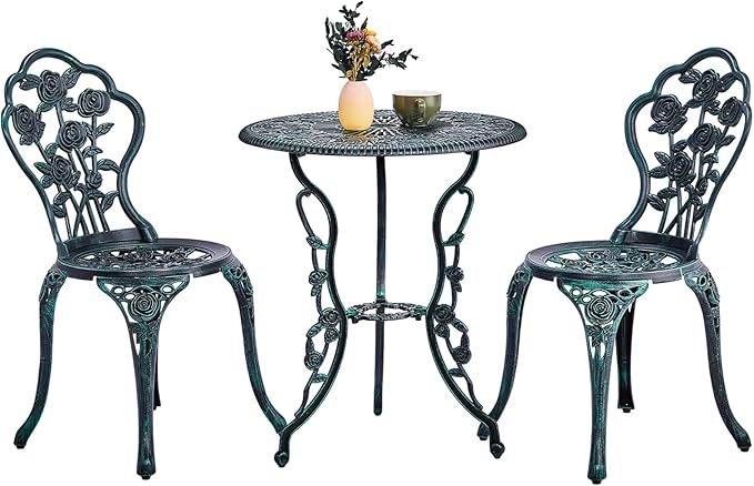 Outvita Patio Table and Chairs Set, Cast Aluminum Outdoor Cafe Table and Chairs Set of 3, Stability Patio Bistro Sets with Umbrella Hole for Garden, Patio, Balcony, Rose Pattern Bronze