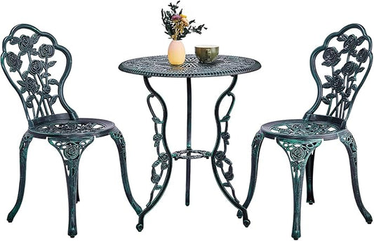 Outvita Patio Table and Chairs Set, Cast Aluminum Outdoor Cafe Table and Chairs Set of 3, Stability Patio Bistro Sets with Umbrella Hole for Garden, Patio, Balcony, Rose Pattern Bronze