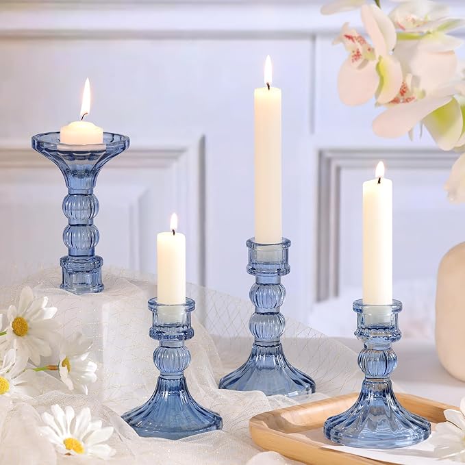 DARJEN 6Pcs Blue Candlestick Holders Set - 4" H & 5" H Striped Taper Candle Holders Bulk, Glass Candle Holders for Wedding, Festival, Party, Table Centerpiece, Gifts