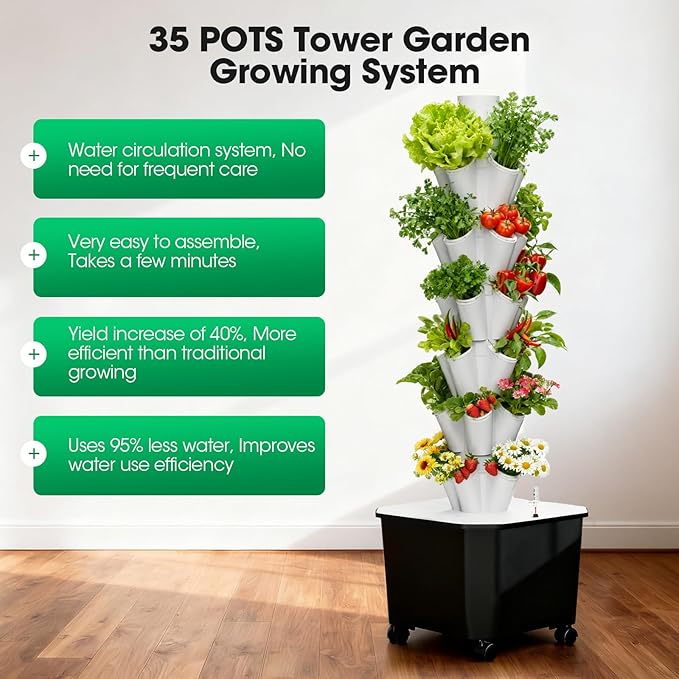 Vertical Hydroponic Tower,7Layer 35 Pods Tower Garden Growing System with 12V Water Pump& 24h Smart Timer,BPA-Free Modular Indoor/Outdoor for Hydroponic Gardening Lovers Planting Vegetables