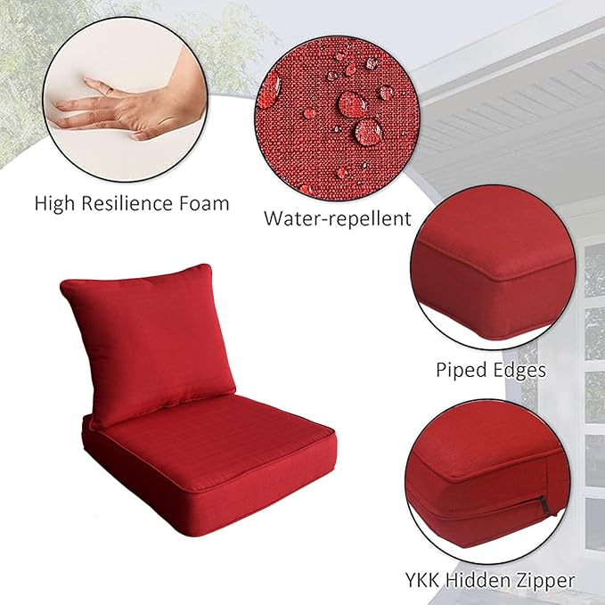 24x24 Inch Outdoor Deep Seat Cushions Set of 2,Thick High-Density Foam, Piped Edges & YKK Hidden Zipper,Water-Resistant UV-Resistant Polyester for Patio Furniture,Chili
