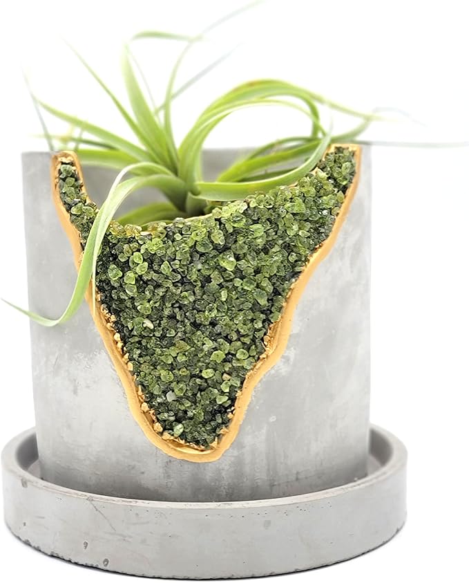 4 Inch Crystal Plant Pot with Saucer - Cement Geode Planter - Concrete Pots for Plants - Modern Succulent Pot Indoor - Unique Air Plant Holder - Candle Holder - Small Plant Home Decor (Green Peridot)