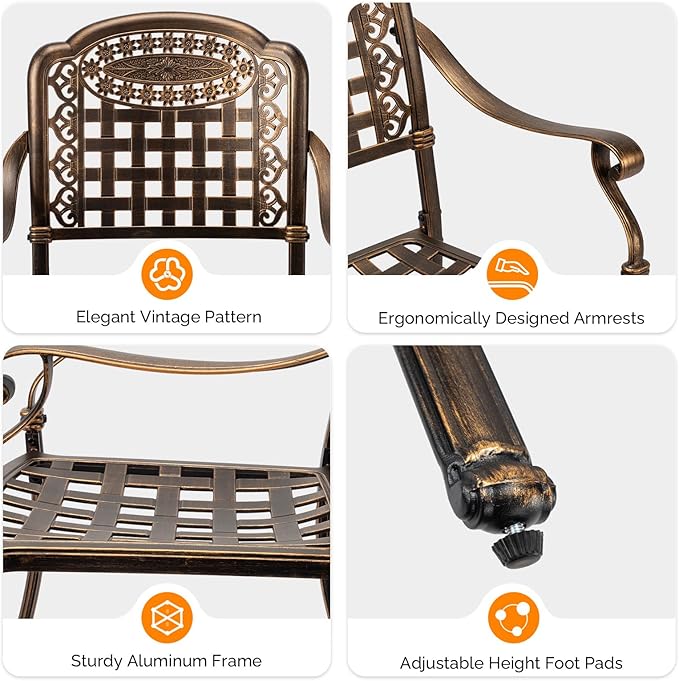 VINGLI Patio Chairs Set of 4 - Stackable Outdoor Cast Aluminum Dining Chairs with Vintage Bronze Finish and Plaid Pattern, Metal Armchairs for Poolside, Backyard, Balcony (No Cushion)