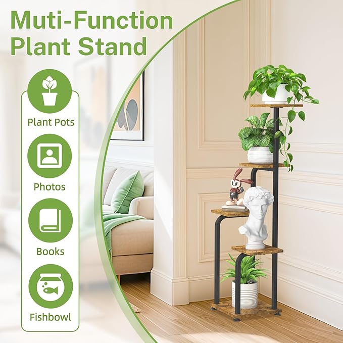 iDavosic.ly Tall Plant Stand Indoor, 4 Tier Corner Multiple Flower Holder Shelf with Wooden Trays, Space Saving Display Rack for Living Room Balcony Patio Porch Outdoor | Black & Brown