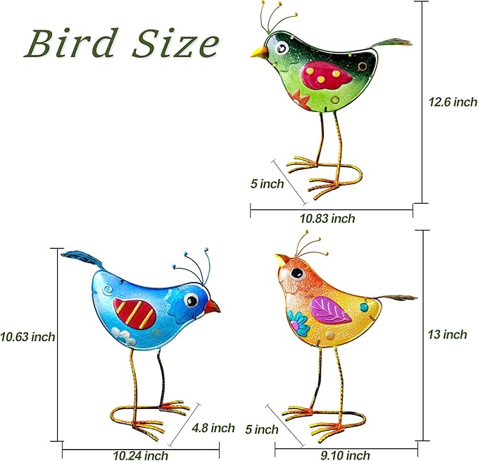 Garden Statues 3-Piece Metal & Glass Bird Figurines Set - Waterproof Outdoor Sculptures, Colorful Bird Garden Decorations Yard Art for Indoor & Outdoor Patio Lawn