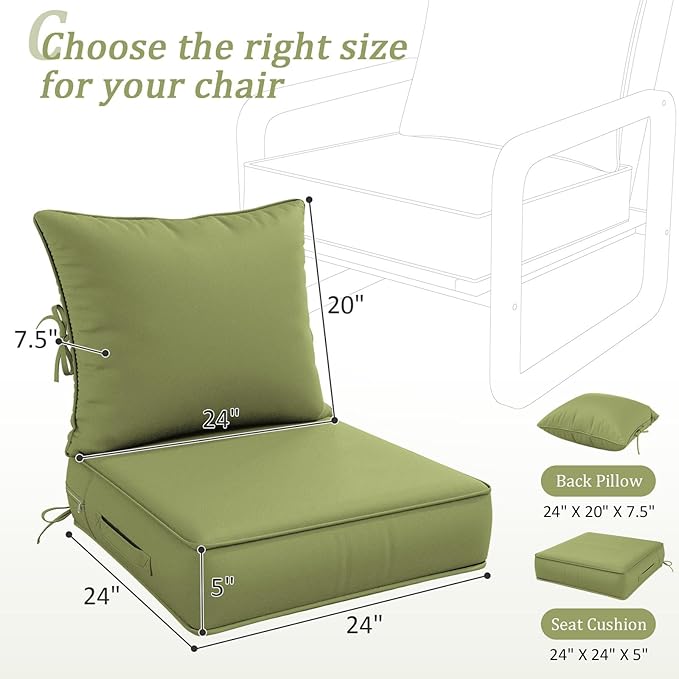 Outdoor Patio Chair Cushions Set 24 L X 24 W X 5 H Waterproof & Fade Resistant Deep Seat and Back Cushions with Removable Covers Outdoor Seat Cushion Set for Chairs and Sofas