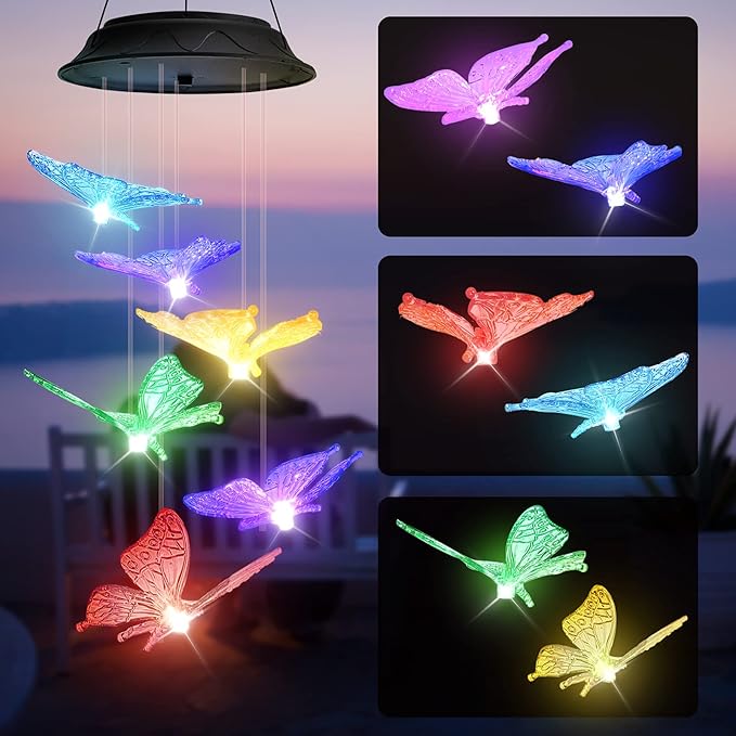 Birthday Gifts for Women Mom Grandma, Gardening Gifts for Women, Butterfly Solar Wind Chimes for Outside, Wind Chimes Outdoor Waterproof, Solar Lights Outdoor Decorative for Garden Patio Yard