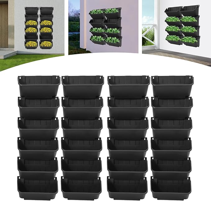 Eapmic Vertical Wall Planter with 24 Pots, Hanging Garden Plant Flowerpot Holder, Stackable Wall-Mounted Planter, Balcony Planters for Flowers Vegetables Fruits (Black, 24 Pots)