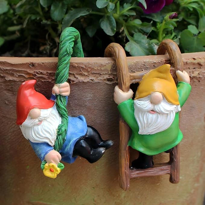Garden Gnome Pot Climbers Decoration Set, 3 Piece Resin Hanging Figurines, Colorful Climbing Gnomes Statue, Outdoor Decor for Plant Pots, 2.9 Inch Small Garden Gifts